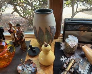 Napco Blue & Cream Vase with Leaf Design