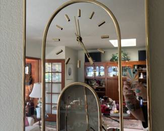 Hollywood Regency Style Mirrored Glass & Brass Wall Clock