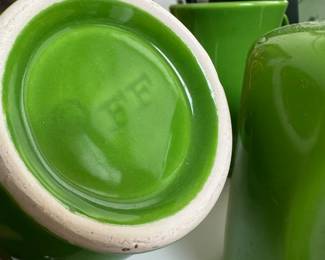 Green Ceramic Fitz and Floyd – Pair of Coffee Mugs, Tea Kettle, Salt & Pepper Shakers