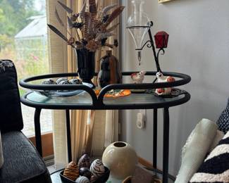 Modern Black Finish Metal Two Tier Bar with Glass Shelves, Fall and Halloween Decor, Animal Print Decorative Eggs