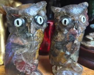 Pair of Resin & Rock Owl Figurines