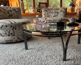 Round Glass Top Chrome Coffee Table with Sunburst Medallion Detail, Pair of Geometric Pattern Swivel Chairs