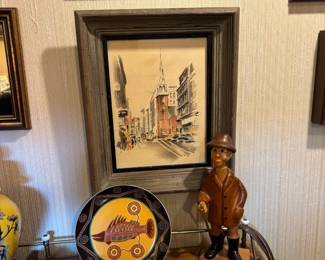 Framed Watercolor "Old South Meeting House - Boston" by John Haymson, Hand Carved Wood Fisherman Figurine