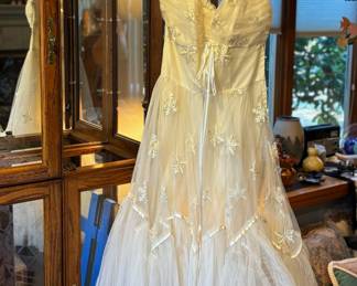 Circa 1950s -1960s Strapless Ivory Tulle Skirt Wedding Gown with Embroidered Details and Jacket