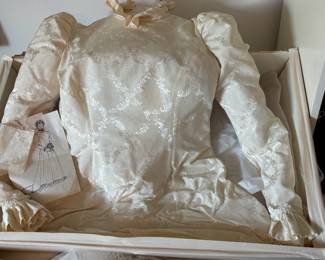 Victorian Style Hand Made Cream Satin Brocade Wedding Dress with High Collar and Puffy Sleeves
