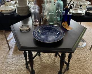 Accent Table, Old Bottles, Holmegaard Hivreten Bottle, Wynand Fockink Bottle, Blue Rim Bowl
