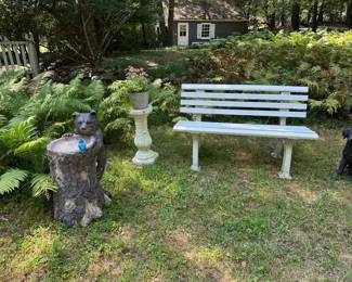 Garden Bench & Statues - Bear w/ Tree Trunk, Dog