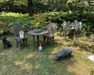 Cast Iron Table w/ 2 Chairs, Spinners, Garden Statues - Dog, Pig