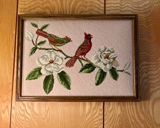 framed needlepoint vintage cardinals 