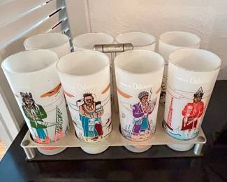 Knox Oil Famous Oklahoma Indians frosted bar glasses in caddy
