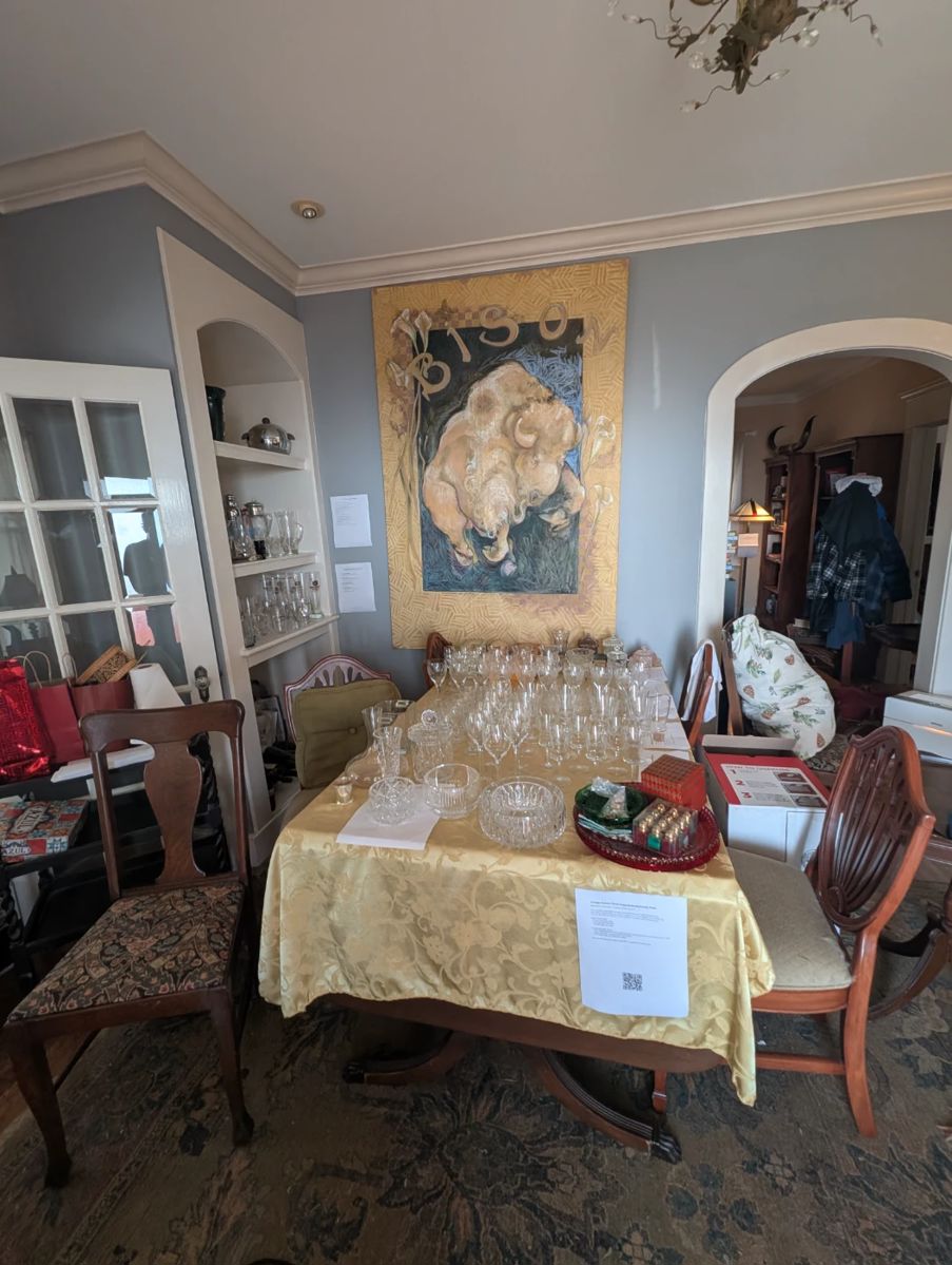 Glassware, Duncan Phyfe Table, Chairs.
