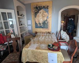 Glassware, Duncan Phyfe Table, Chairs.