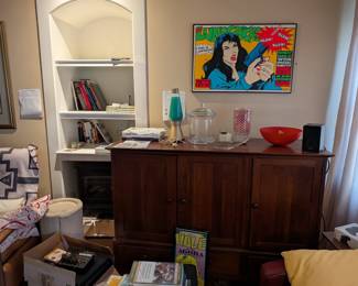 Frank Kozik - Lunachicks signed poster. Ethan Alan Linen cabinet or entertainment center. Glassware