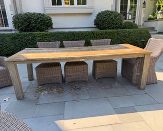 Kingsley-Bate patio harvest table & 8 woven chairs - includes off-white cushions table 30"h x 8' long x 39.5" d