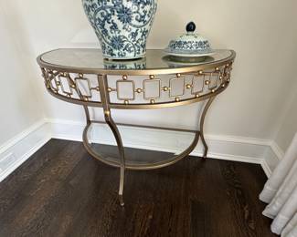 Pair mirror top iron demilune tables 30"h x 40"w x 20"d