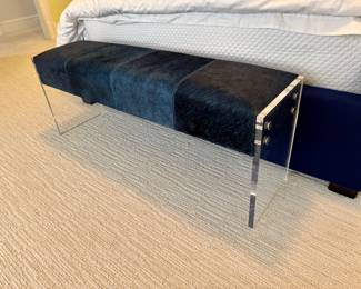 acrylic bench with blue faux fur seat 17"h x 47"w x 12"d