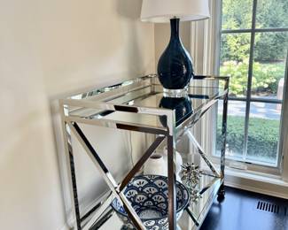 Polished stainless & glass bar cart 34"h x 36"w x 22"d