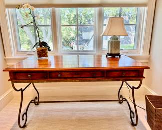Fruitwood & iron desk 31"h x 55.25"w x 30"d