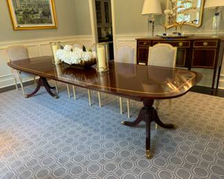 Southampton inlaid mahogany dining table 29.5"h x 76" long + three 20" leaves