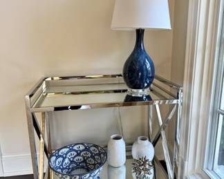 Polished stainless & glass bar cart 34"h x 36"w x 22"d