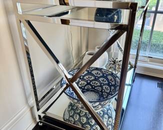 Polished stainless & glass bar cart 34"h x 36"w x 22"d
