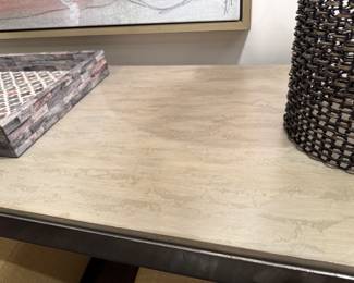 Polished steel console with painted faux finish top 36.75"h x 6' long x 18"d