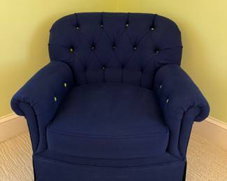 Blue tufted lounge chair with lime green buttons 31"h x 35'w x 36"d