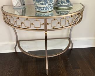 Pair mirror top iron demilune tables 30"h x 40"w x 20"d
