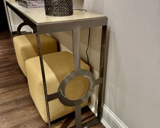 Polished steel console with painted faux finish top 36.75"h x 6' long x 18"d