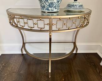 Pair mirror top iron demilune tables 30"h x 40"w x 20"d