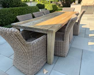 Kingsley-Bate patio harvest table & 8 woven chairs - includes off-white cushions table 30"h x 8' long x 39.5" d