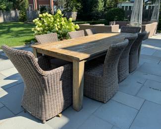 Kingsley-Bate patio harvest table & 8 woven chairs - includes off-white cushions table 30"h x 8' long x 39.5" d