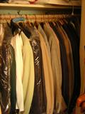 HUGE QUANTITY OF QUALITY MEN'S SUITS SIZE 44-46. MANY NEW. ALSO MENS SHOES SIZE 9, MENS SHIRTS SIZE L/XL, SHORTS AND PANTS SIZE 40, TIES, BELTS, T SHIRTS AND UNDERWARE NEW IN PACKAGE. ALL GOOD QUALITY.