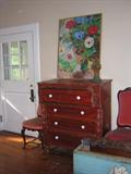 ANTIQUE FOUR DRAWER CHEST (NEEDS SOME WORK), PAIR OF ANTIQUE CHAIRS, PAINTING