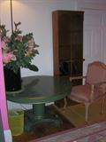 GREEN PAINTED TABLE WITH TWO LEAVES, CHAIR, BOOKCASE