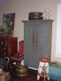 PRIMITIVE CUPBOARD, FOLK ART, COPPER AND BRASS POTS