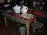 PAINTED FARM TABLE, IRONSTONE, ICECREAM CHAIRS