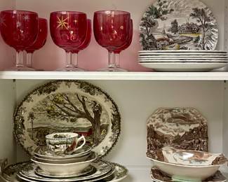 OLDE ENGLISH COUNTRYSIDE BY JOHNSON BROS, YORKSHIRE IRONSTONE PLATES, MCM BARTLETT COLLINS CRANBERRY ATOMIC STARBURST GOBLETS