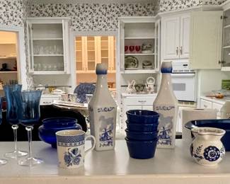 BLUE/WHITE CREAMERS, JUG, LIQUOR DECANTERS AND BAKEWARE