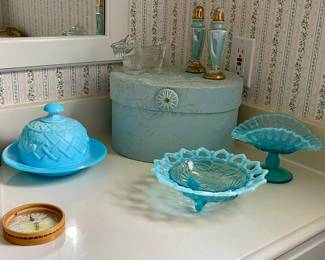 OPALESCENT BLUE GLASS FOOTED DISH, FENTON RUFFLE EDGE DISH, VINTAGE BLUE MILK GLASS BUTTER DISH, PERFUME BOTTLES