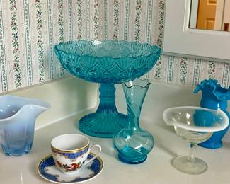 BLUE GLASS COMPOTE AND VASES