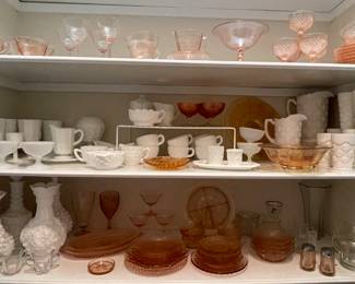 MILK GLASS INCLUDING IMPERIAL AND WESTMORELAND, WESTMORELAND MILK GLASS “OLD QUILT” PITCHERS & GLASSES, PINK DEPRESSION GLASS 