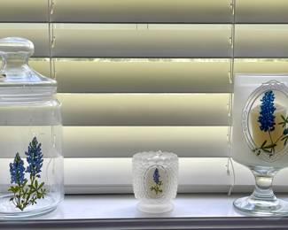 BLUEBONNET CANDLEHOLDERS & LIDDED CONTAINER