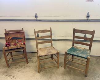 VINTAGE WOOD CHAIRS WITH RAWHIDE SEATS
