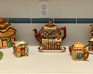 OCCUPIED JAPAN COTTAGE WARE TEAPOT, SUGAR/CREAMER, BISCUIT JAR AND MORE