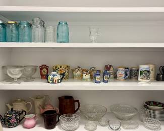 BLUE BALL JARS, VINTAGE CUPS/SAUCERS, TEA POTS