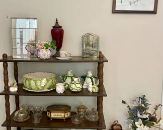 VINTAGE SHELF, BRASS/GLASS CURIO CABINETS, BUNNY LANE LARGE LETTUCE BOWL WITH PLATTER, BUNNY TEAPOT SET, JEWELRY BOXES