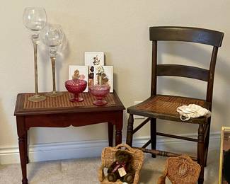 CANE SEAT BENCH AND CHAIR, WICKER DOLL FURNITURE