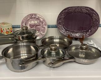 INNOVA COOKWARE SET, PURPLE BUTTERFLY PLATTER, STAFFORDSHIRE PLATE