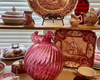 WEDGEWOOD AVON COTTAGE, SPODE CUP/SAUCERS, VINTAGE RUFFLE EDGE CRANBERRY GLASS LAMP SHADE, RED TRANSFERWARE SQUARE PLATTER, MASON’S VISTA RED TRANSFERWARE OVAL PLATTER, RUBY RED CUP/SAUCER